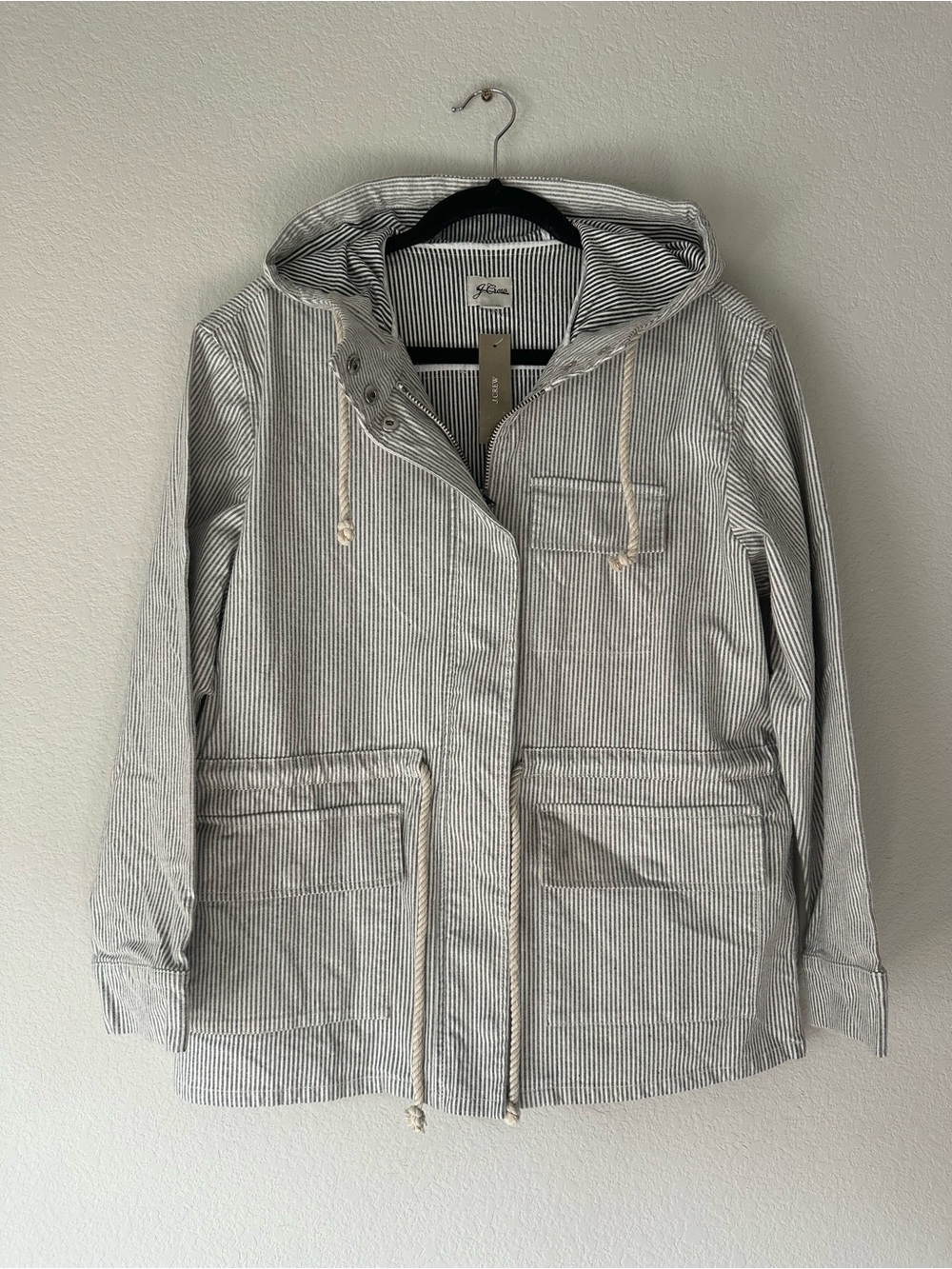 J.Crew Washed Field Jacket Women’s M Stripe Hooded Utility Coat NWT